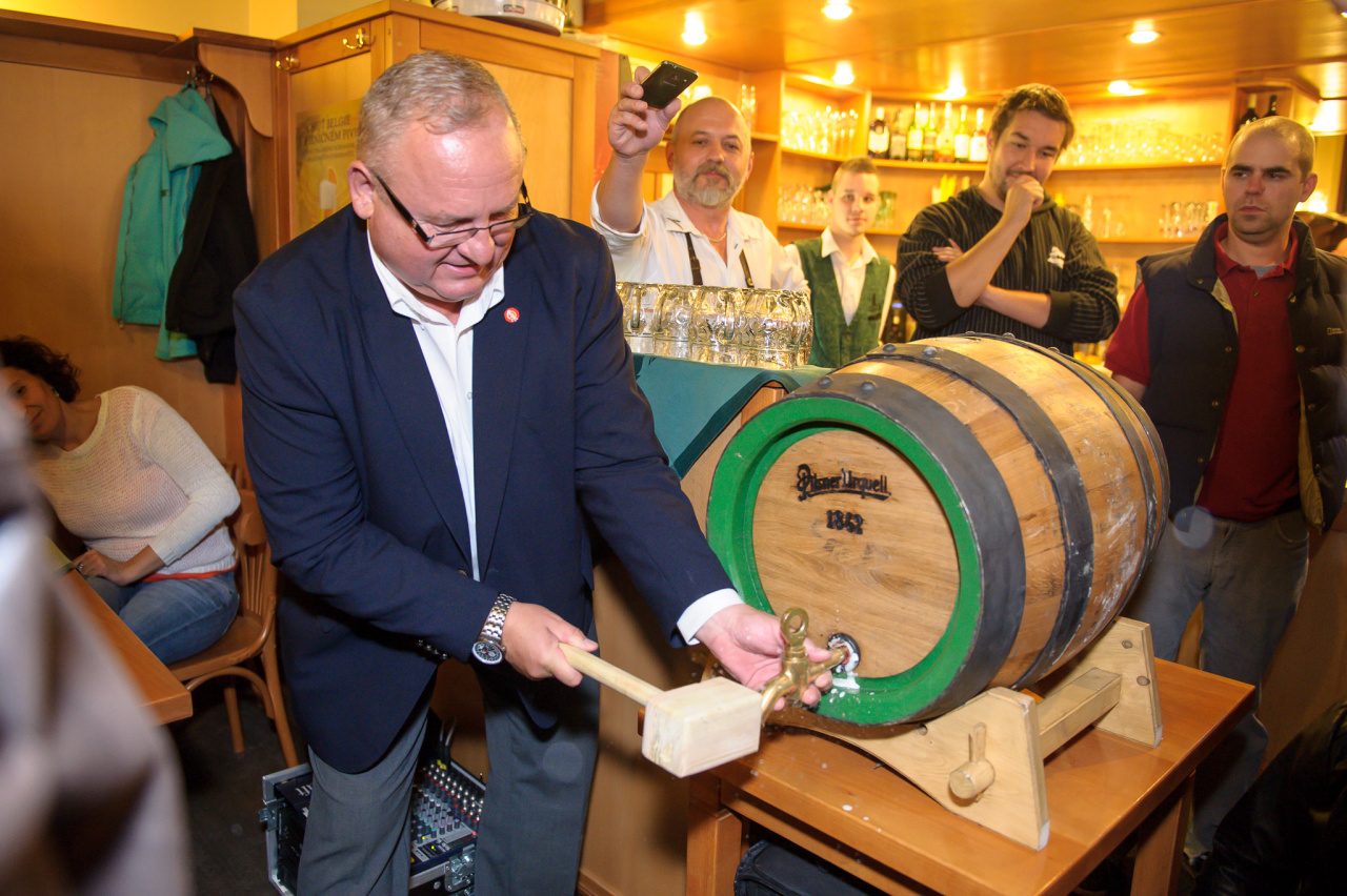 Celebration of the first Pilsner Urquell batch in Pivnice U Čápa, 2014